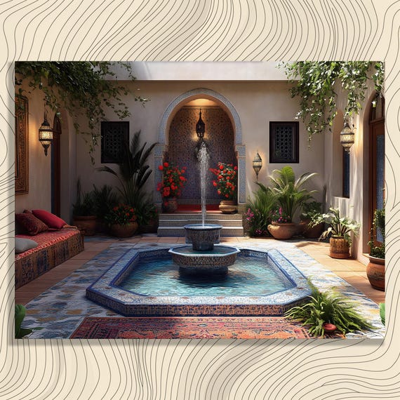 Vintage Courtyard Fountain Canvas Wall Art Boho Eclectic Garden Decor Print Oriental Architectural Design Illustration Scene Painting