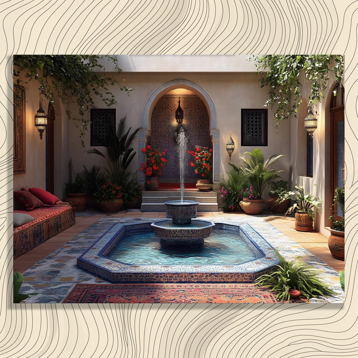 Moroccan Riad Courtyard Tile Fountain Mosaic Pool Travel Art Poster