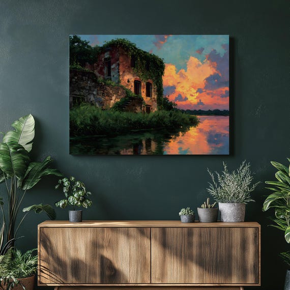 Sunset Lake Ruins Canvas Wall Art Rustic Landscape Print Of Abandoned House By Calm With Ivy Reflection Colorful Nature Decor