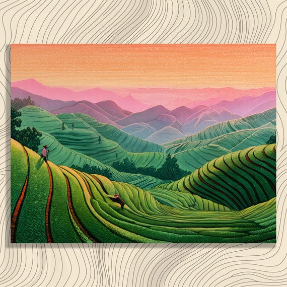 Vibrant Rice Terrace Canvas Wall Art Green Mountain Landscape Print Field Decor Sunset Nature Poster Farming Scenery