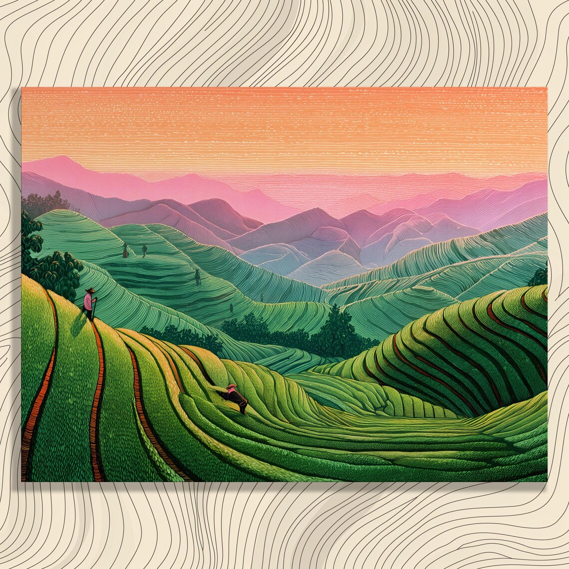 Green Rice Terraces Sunset Farmers Harvest Illustration Poster