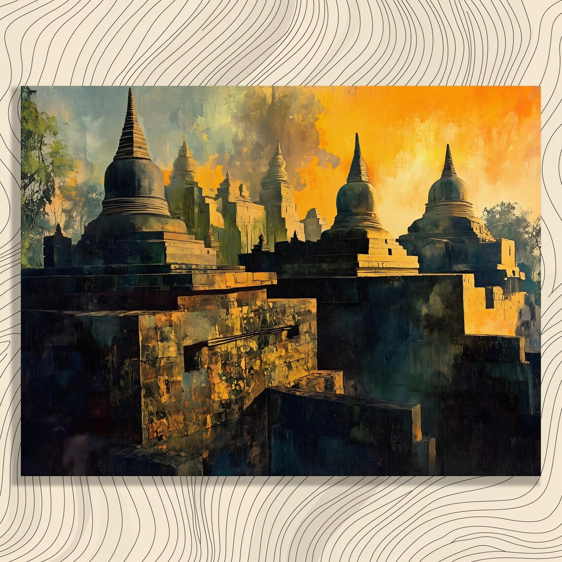 Ancient Buddhist Stupas Golden Sunset Asian Temple Art Poster
