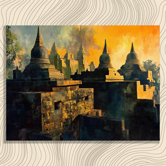 Pagoda Sunset Canvas Wall Art Traditional Asian Inspired Landscape Decor With Buddhist Ruins Spiritual Painting Print