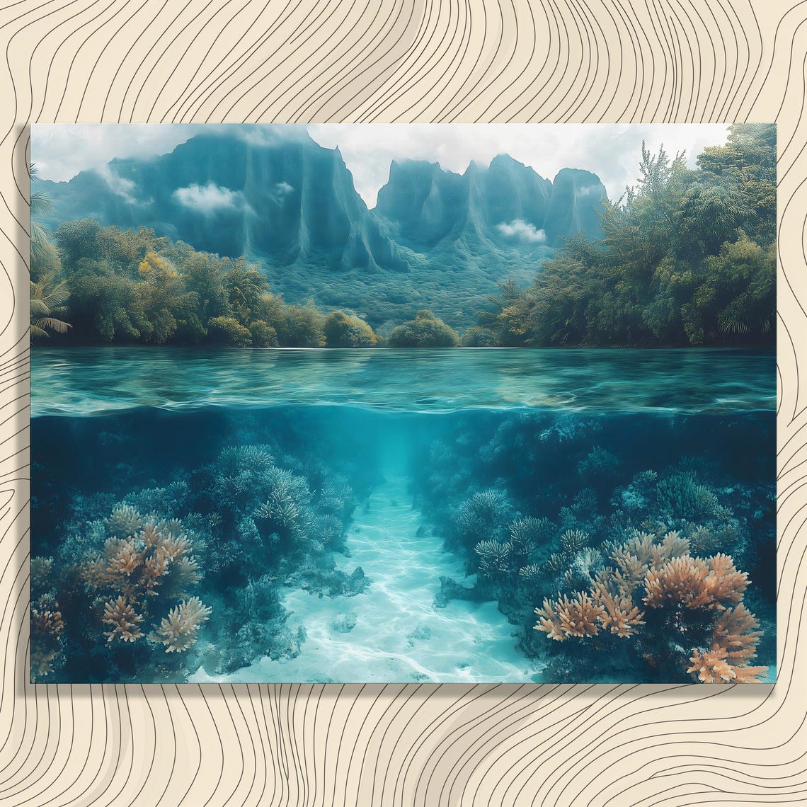 Tropical Island Above Below Water Coral Reef Split View Poster