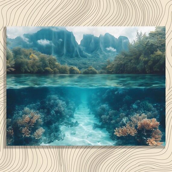 Tropical Island Above Below Water Coral Reef Split View Poster