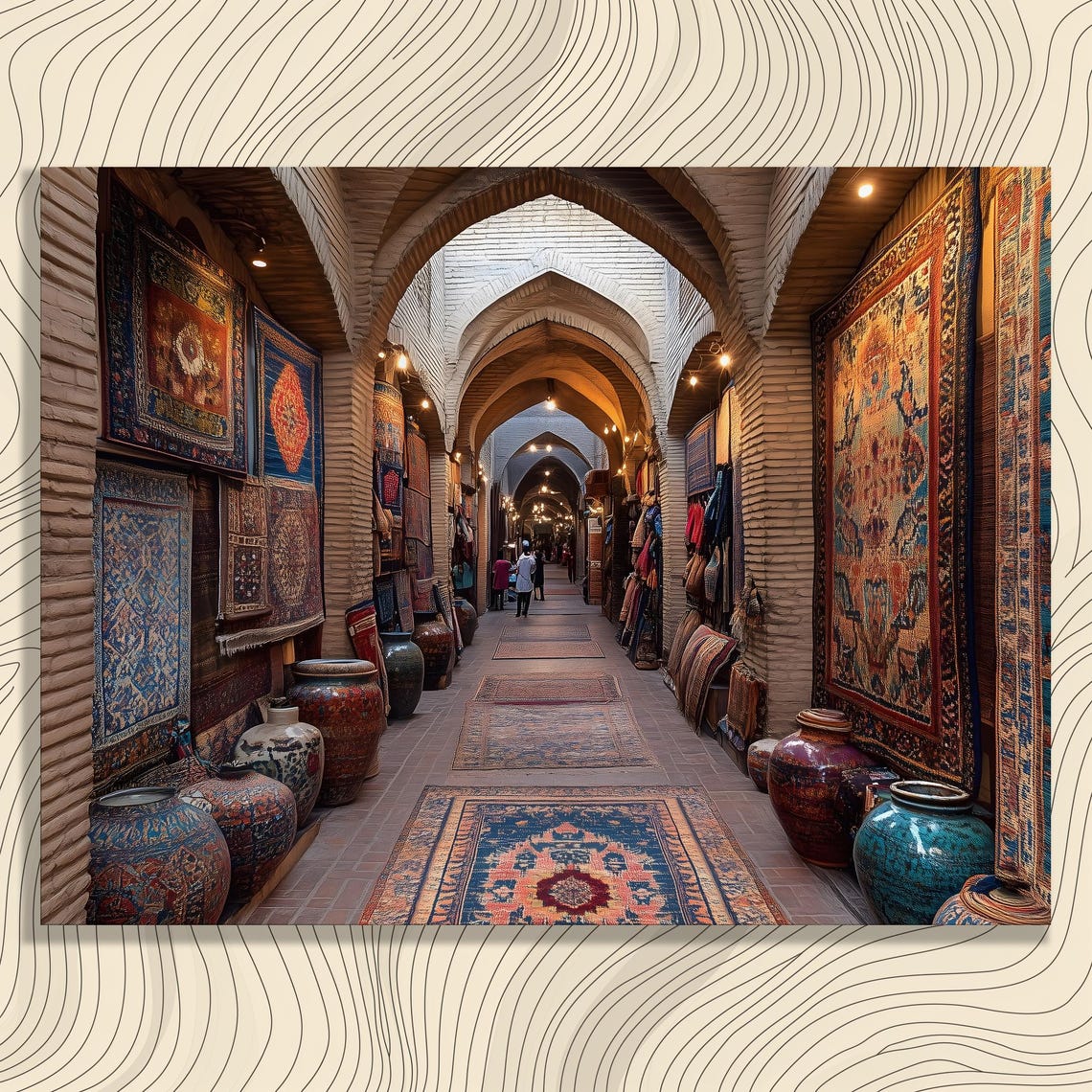 Historic Bazaar Arcade with Persian Rugs and Pottery Art Poster