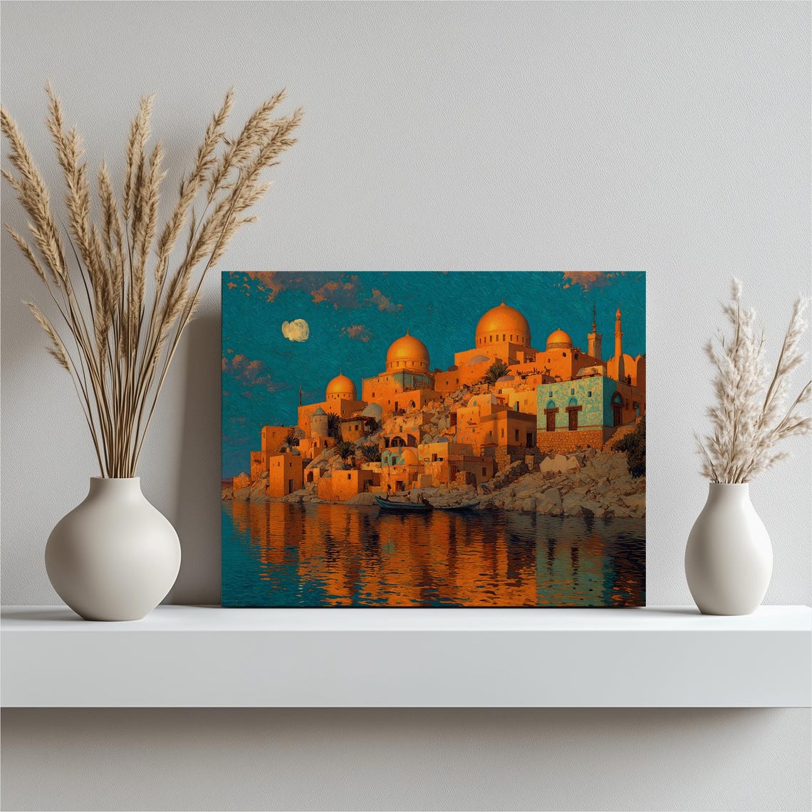 Moonlit Village Canvas Wall Art Night Sky Painting Water Reflection Modern Stone Houses Islamic Architecture Harbor Boats Moon Artwork