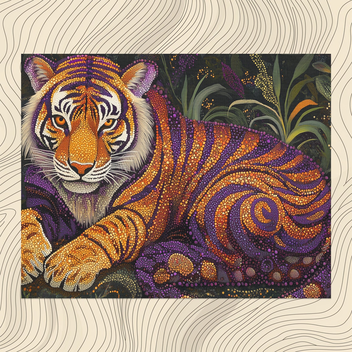 Vibrant Dot Art Tiger Orange Purple Pointillism Jungle Wall Poster