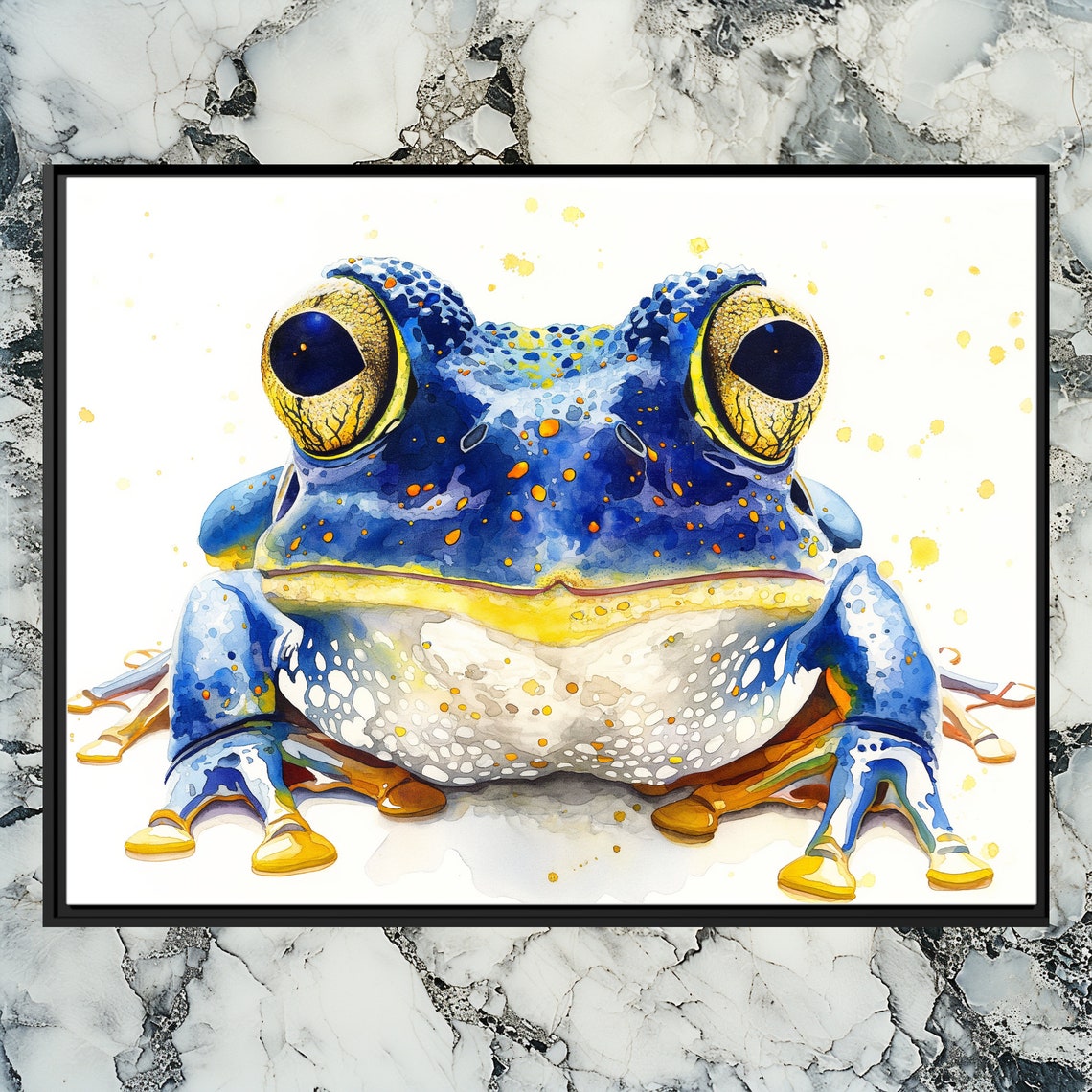 Blue Yellow Watercolor Frog Amphibian Wildlife Painting Poster