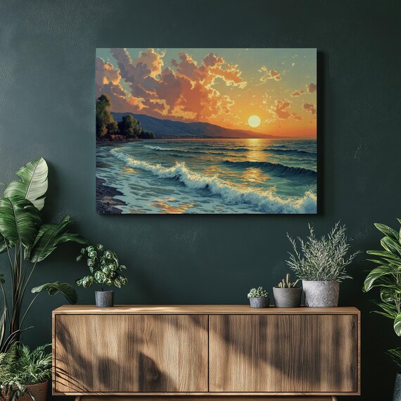 Ocean Sunset Waves Orange Sun Over Water Dramatic Clouds Beach Poster