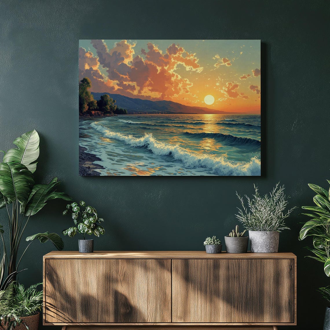 Ocean Sunset Waves Orange Sun Over Water Dramatic Clouds Beach Poster