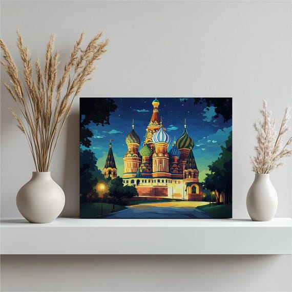 St Basils Cathedral Canvas Wall Art Moscow Night Skyline Onion Domes Illustration Glowing Architecture Print Landmark Travel Decor