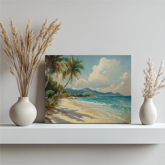 Fiji Tropical Beach Canvas Wall Art Ocean View Coastal Decor Palm Trees Waves Mountain Print Vibrant Nature Vacation Gift Home
