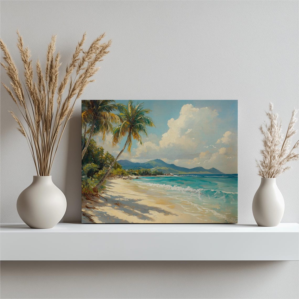 Sunlit Tropical Beach Palm Trees Turquoise Waves Canvas Art Poster