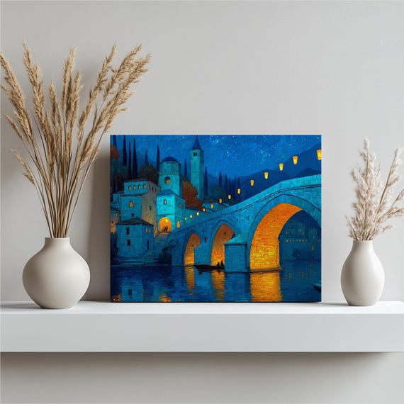 Old Stone Bridge Night Lanterns Starry Sky River Canvas Wall Art