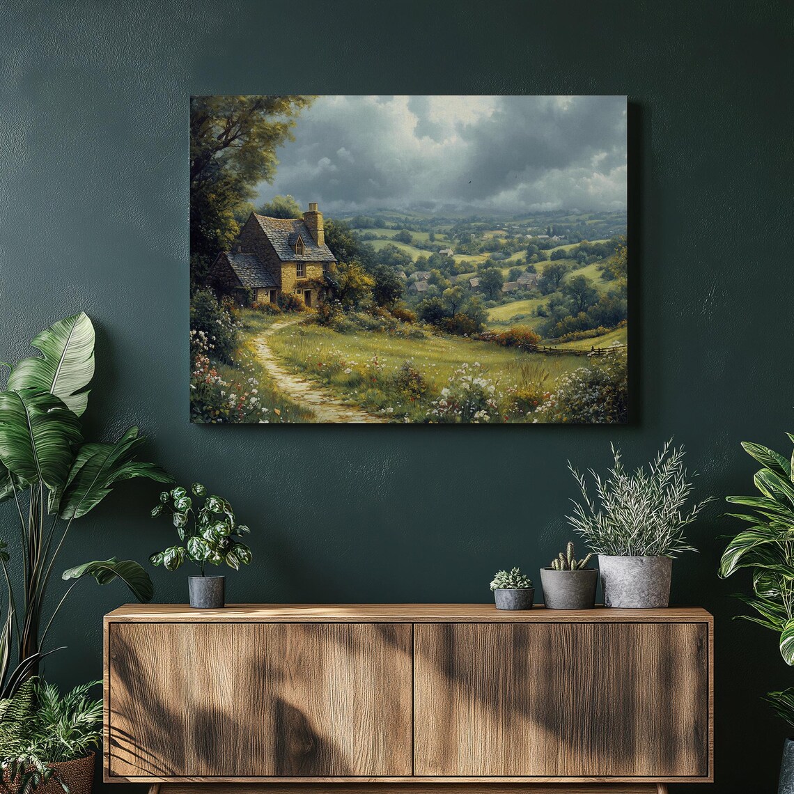 English Countryside Stone Cottage Rolling Hills Landscape Poster