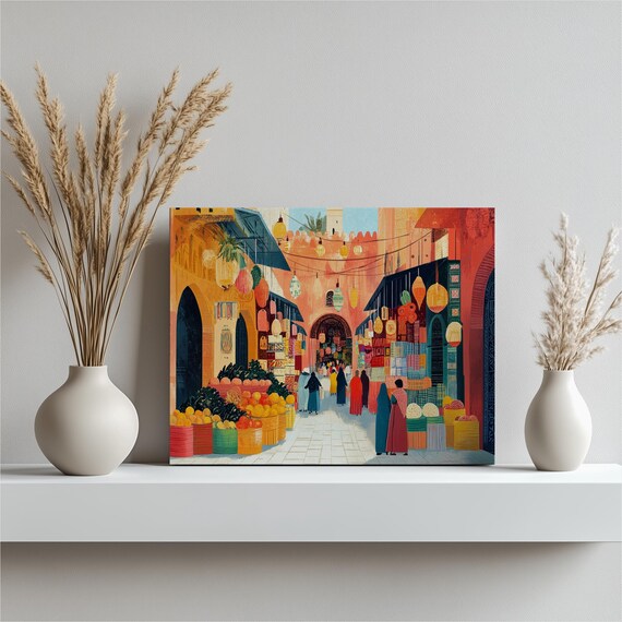 Colorful Marrakech Market Street Painting Vibrant Morocco Poster