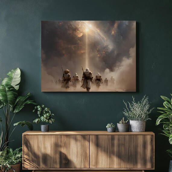 Biblical Desert Journey Radiant Pillar Of Light Robed Figures Print