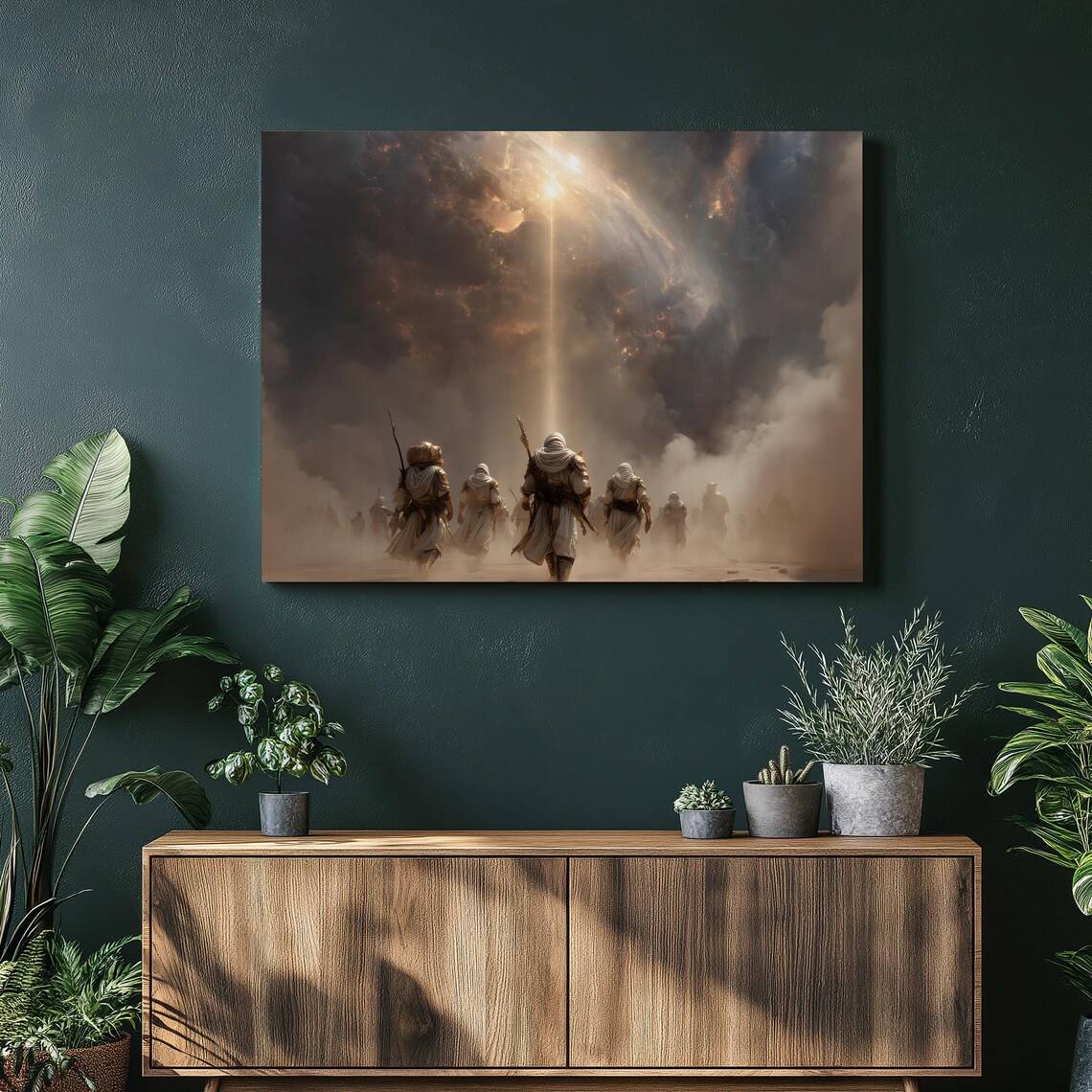 Biblical Desert Journey Radiant Pillar Of Light Robed Figures Print