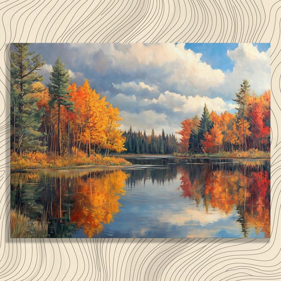 Michigan Autumn Lake Golden Forest Reflection Fall Foliage Painting Poster