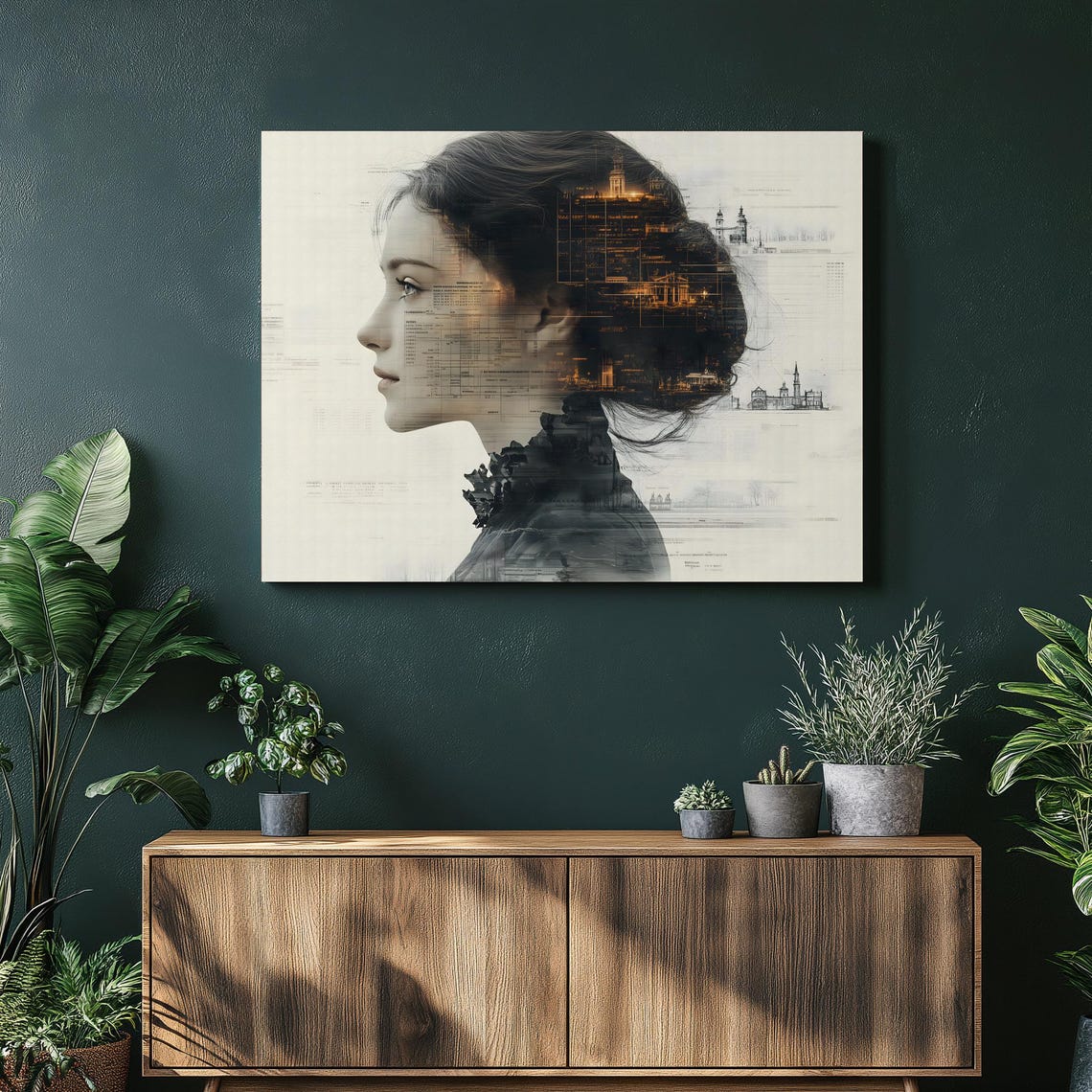 Victorian Woman Profile Double Exposure Sepia Portrait Art Print