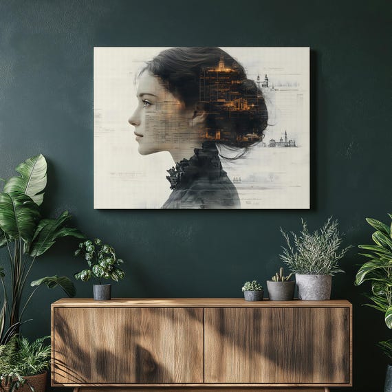 Victorian Profile Canvas Wall Art Intellectual Portrait With City Architecture Overlays Warm Gray Refined Decor Gift For History Lovers
