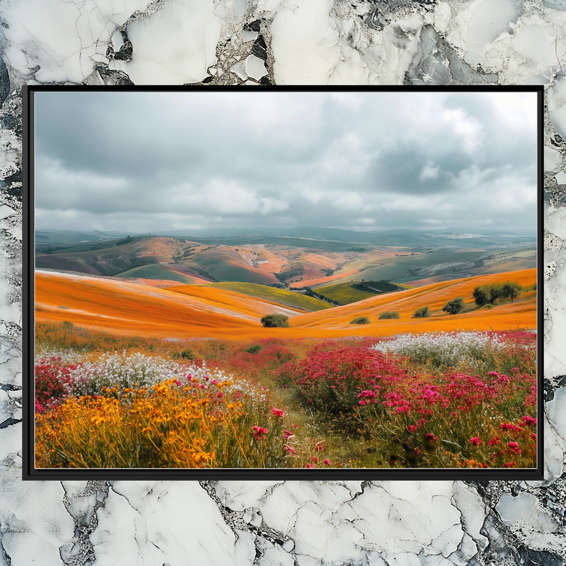 Rolling Wildflower Hills Warm Orange Meadow Landscape Poster