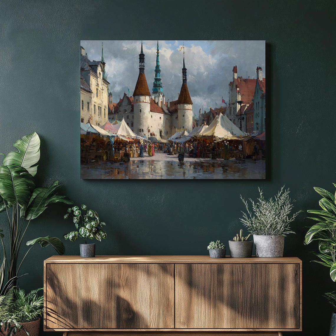 Medieval Castle Marketplace Impressionist Town Square Painting Poster