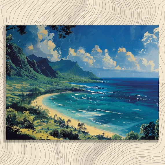 Tropical Paradise Coast Turquoise Ocean Palm Beach Cliff Vintage Poster