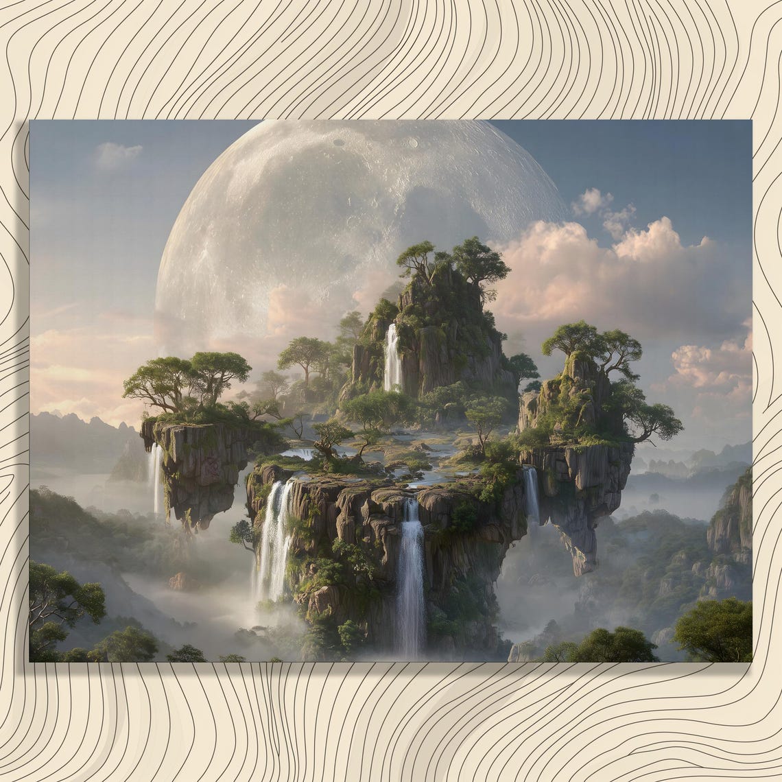 Surreal Floating Islands Poster Giant Moon Dreamy Waterfall Landscape