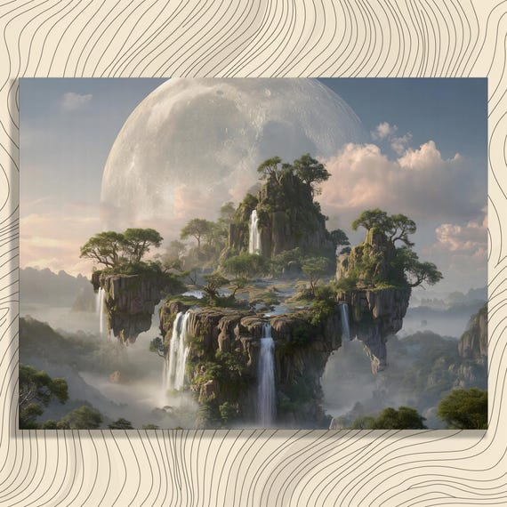 Surreal Floating Islands Canvas Wall Art Dreamy Waterfall Landscape Giant Moon Misty Forest Clouds Nature Print Modern Decor Gift