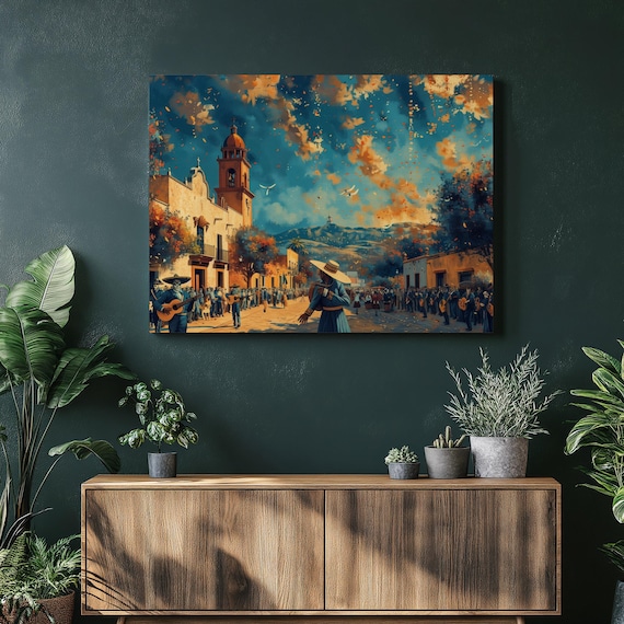 Mexican Mariachi Day Of The Dead Festival Plaza Painting Poster