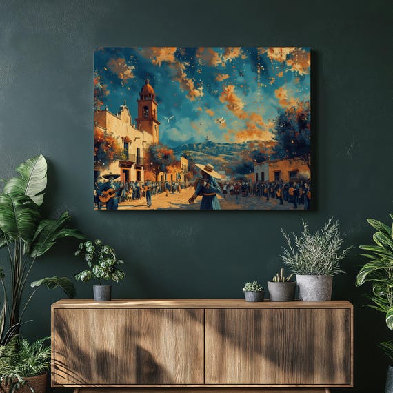 Mexico Canvas Wall Art Nostalgic Mariachi Mexican Decor Poster Print Traditional Dia De Los Muertos Painting High Resolution Vibrant