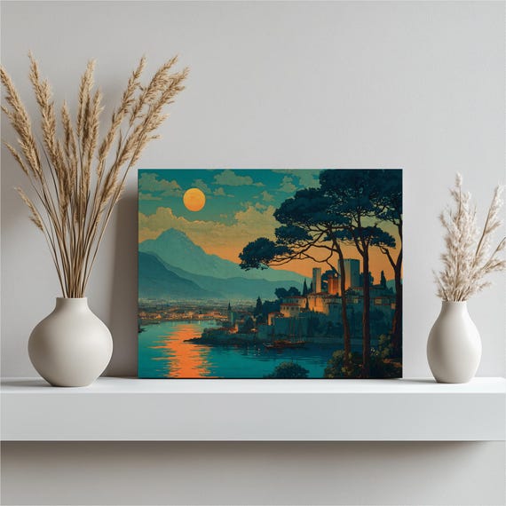 Castle Twilight Canvas Wall Art Vintage Coastal Seascape Print Medieval Fortress Pine Silhouettes Mountains Sailboat Harbor Reflection