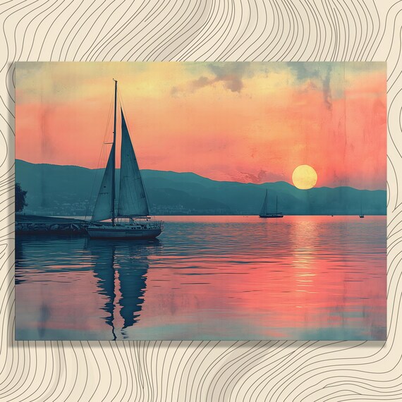 Sailboat Sunset Calm Water Pink Sky Mountain Reflection Seascape Poster