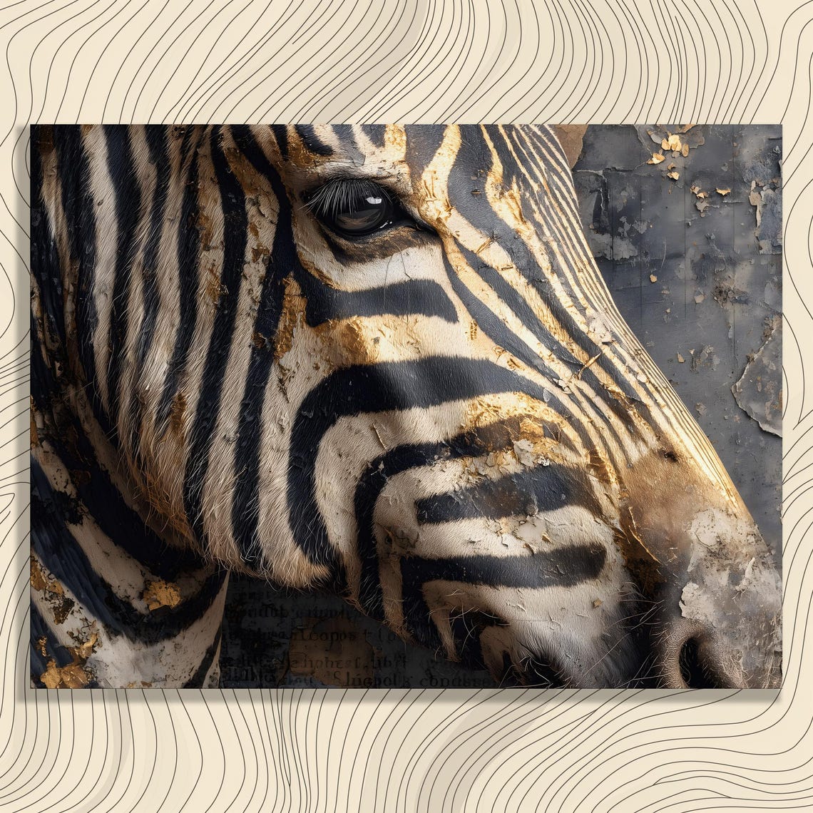 Zebra Portrait Close Up Black White Gold Textured Wildlife Poster
