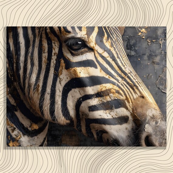Zebra Portrait Canvas Wall Art Black White Gold Close Up Textured Wildlife Print Modern Safari Decor Grunge Animal Texture Detail