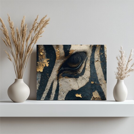 Striking Zebra Eye Canvas Wall Art Black White Animal Print Gold Leaf Accents Textured Modern Safari Inspired Wildlife Portrait Stripes