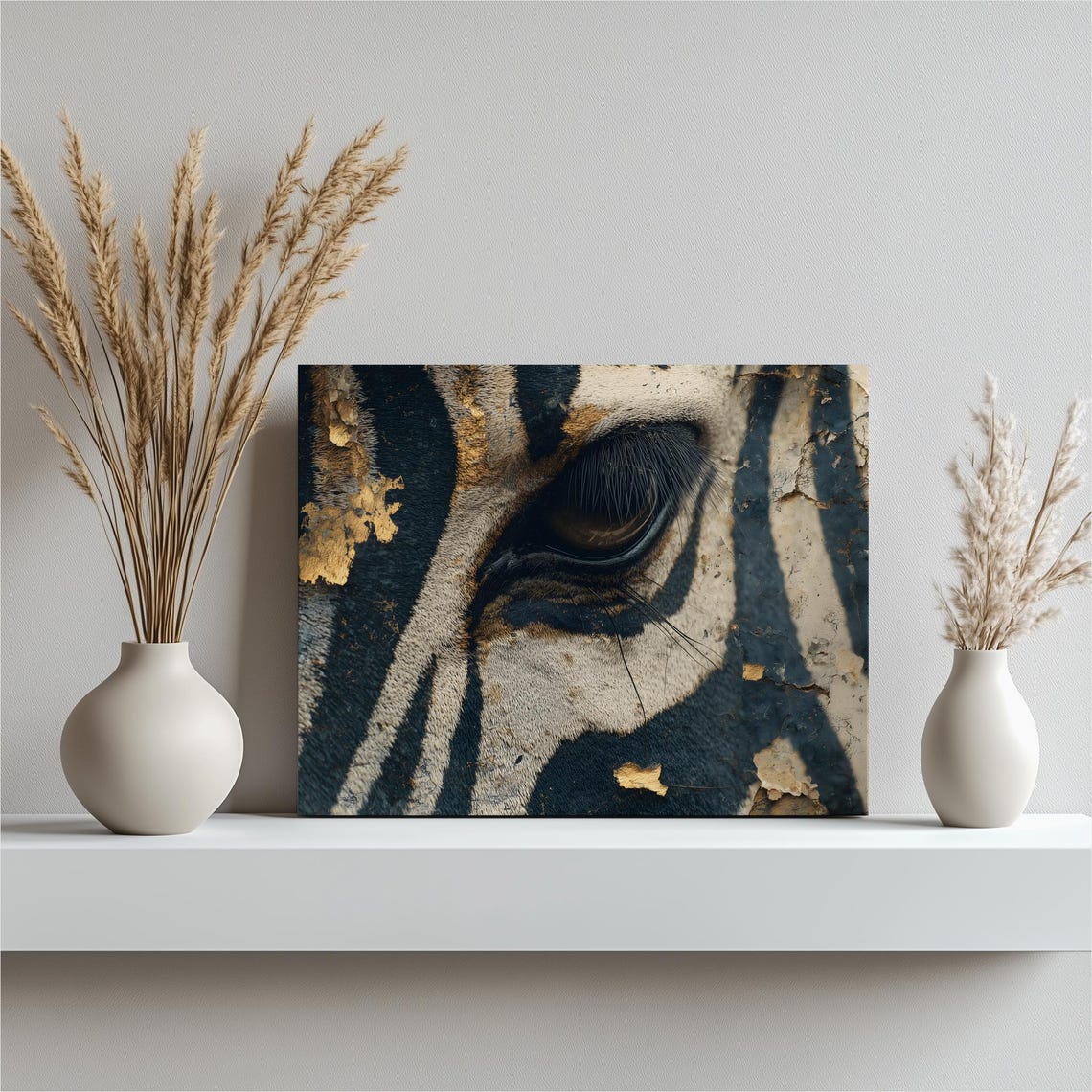 Zebra Eye Close Up Gold Leaf Texture Abstract Animal Portrait Wall Art
