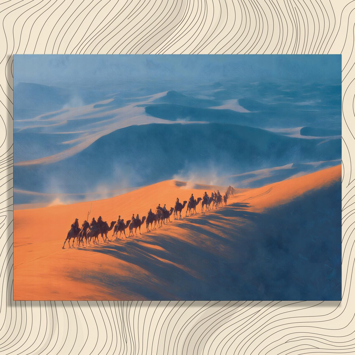 Camel Caravan Crossing Orange Desert Dunes At Dawn Silhouette Wall Art