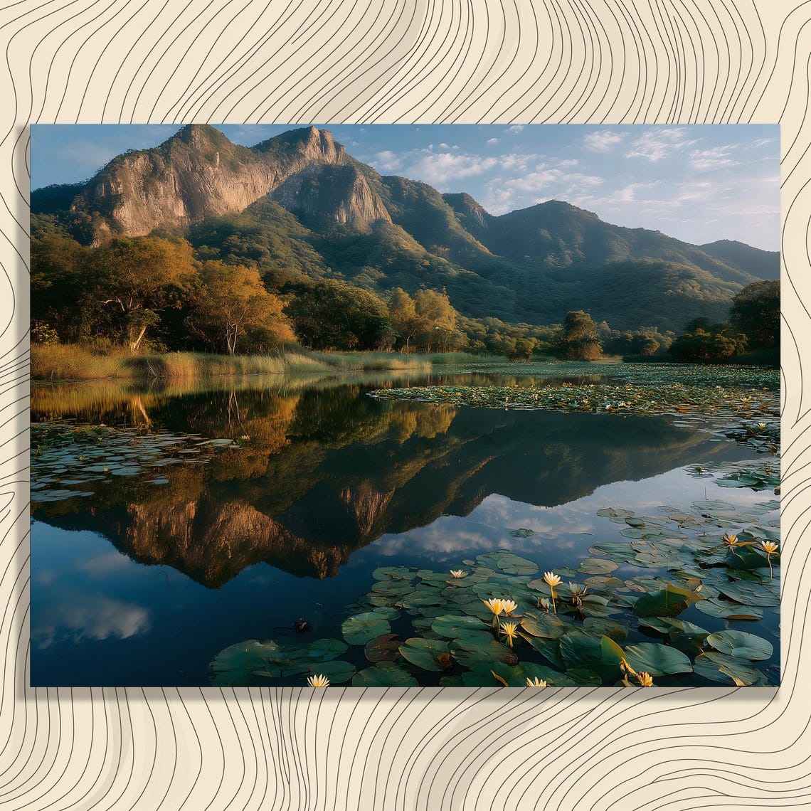 Mountain Lake Water Lilies Reflection Serene Landscape Poster