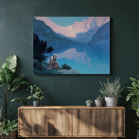 Mountain Lake Reflection Canvas Wall Art Serene Landscape Print With Hermit Contemplation Scene Decor