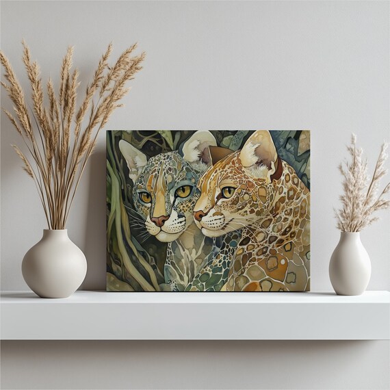 Two Leopards Mosaic Style Jungle Portrait Tropical Wildlife Poster