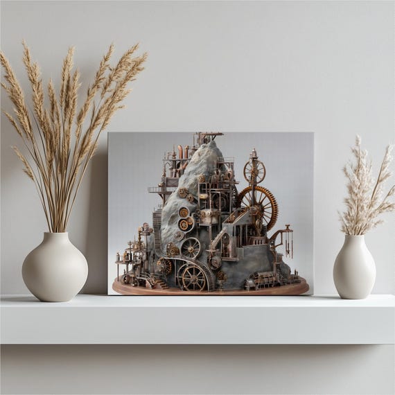 Steampunk Gear Canvas Wall Art Mechanical Sculpture Copper Machinery Decor Print Industrial Fantasy Engine Blueprint Illustration