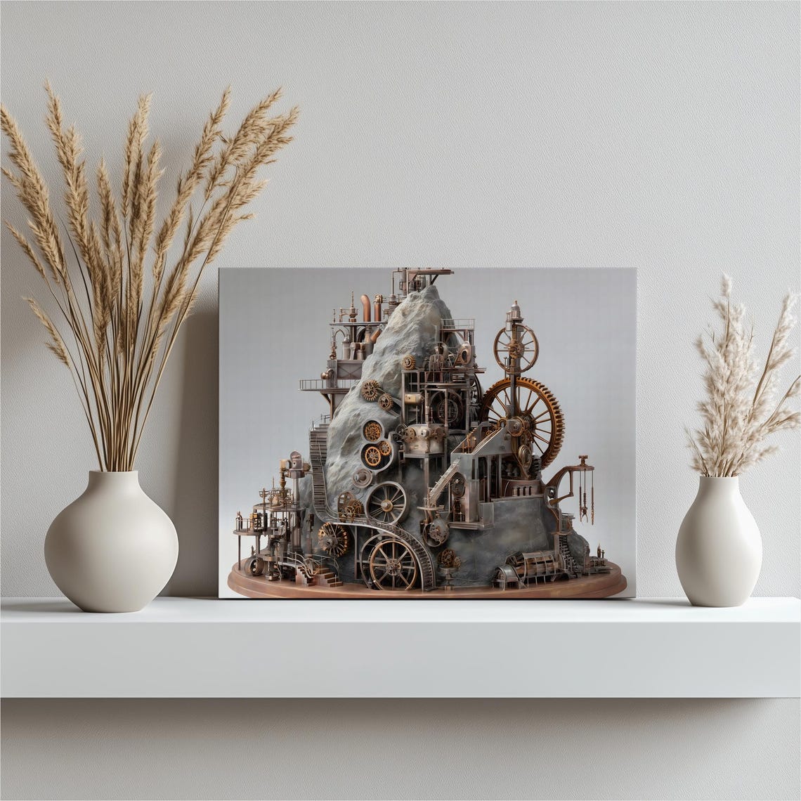 Steampunk Gear Sculpture Copper Mechanical Mountain Diorama Art Poster