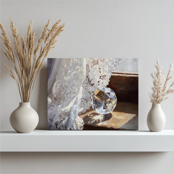 Crystal Prism Canvas Wall Art Sunlit Still Life Lace Curtain Reflections On Wood Windowsill Glass Sphere Contemporary Modern Decor Print