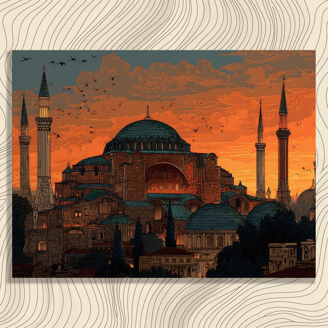 Hagia Sophia Istanbul Sunset Minarets Vintage Illustration Poster