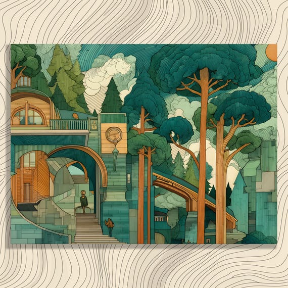 Surreal Landscape Canvas Wall Art Modern Print Nature Decor Green Orange Architectural Painting Gift With Vibrant Sky