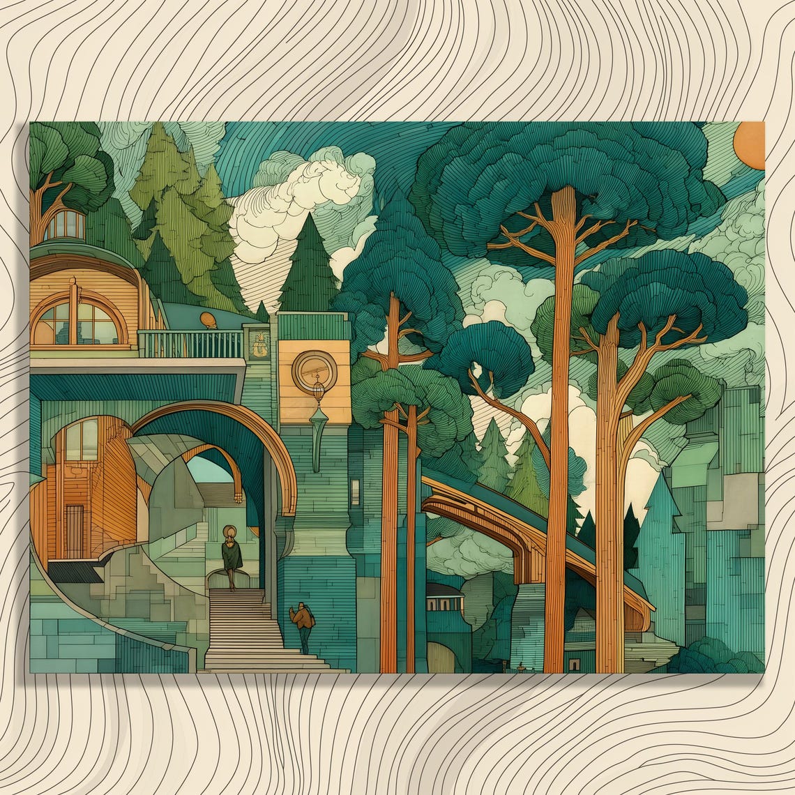 Surreal Forest Cityscape Tall Trees Teal Line Art Canvas Wall Art