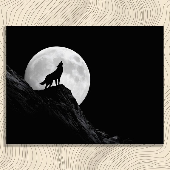 Howling Wolf Canvas Wall Art Moonlit Silhouette Nature Print Black White Mountain Painting Wildlife Decor Modern Minimalist Gift